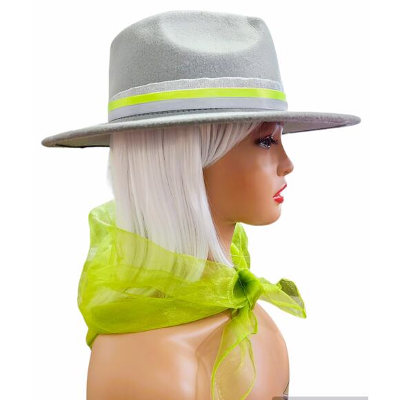 Fedora Hat Gray Women with Gray, Lime & Silver Band along with Small Lime Scarf - Picture 3 of 5